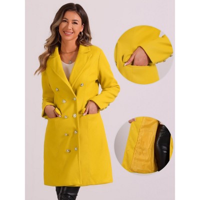 Allegra K Women's Notched Lapel Double Breasted Mid-Long Pea Coat Yellow X-Small — фото 2