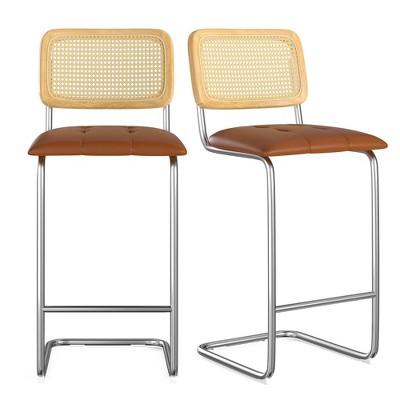 AZL1 Life Concept Dining Sets Set of 2 Upholstered Leather Barstools with Rattan Back Stools Armless Bar for Kitchen Island, Brown, 18.9"*18.9"*42.5"
