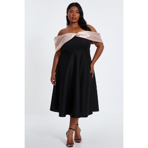 QUIZ Women's Plus Size Scuba/Satin Bardot Midi Skater Dress - 1 of 4