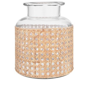 Storied Home Round Glass Jar Vase with Decorative Cane Sleeve, Clear and Natural - 1 of 4