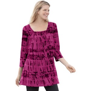 Woman Within Plus Size Tie-Dye Smocked Square-Neck Tunic - 1 of 4