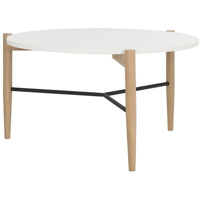Thyme Round White and Oak Wood Cocktail Table with Metal Accents