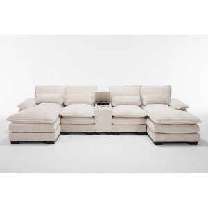 123'' Chenille U-Shaped Sectional Sofas with Console, Cupholders and USB Ports, 6-Seat Upholstered Sleeper Couch with Chaise for Living Room - 1 of 4