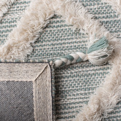 Ivory and Aqua Hand-Knotted Wool Rectangle Rug with Fringe