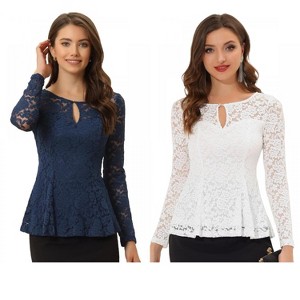 INSPIRE CHIC Women's Floral Lace Front Peplum Hem Keyhole Sheer Long Sleeve Blouse 2 Pieces - 1 of 4