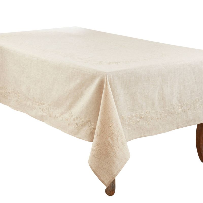 Embroidered Swirl Design Simple Natural Linen Blend Tablecloth - Saro Lifestyle, 1 of 5