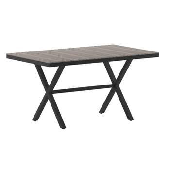 Flash Furniture Finch Commercial Grade X-Frame Outdoor Dining Table 59" x 35.5" with Faux Teak Poly Slats and Metal Frame