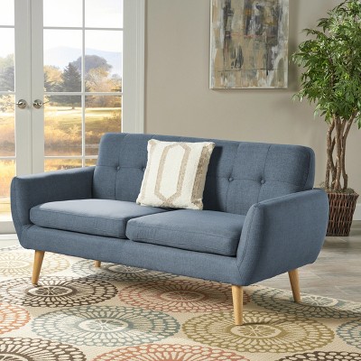 Mid-Century Blue Tufted Fabric Sofa with Wood Legs