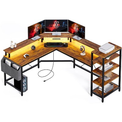 Whizmax L Shaped Desk with Power Outlets & LED Lights, 62" Computer Desk with Full Monitor Stand & Storage Shelves, Corner Desk Gaming Desk