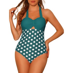 Elerevyo Women's Halterneck Polka Dot Monokini Tummy Control Cut Out String Swimsuit Bathing Suits 1 Pc - 1 of 4