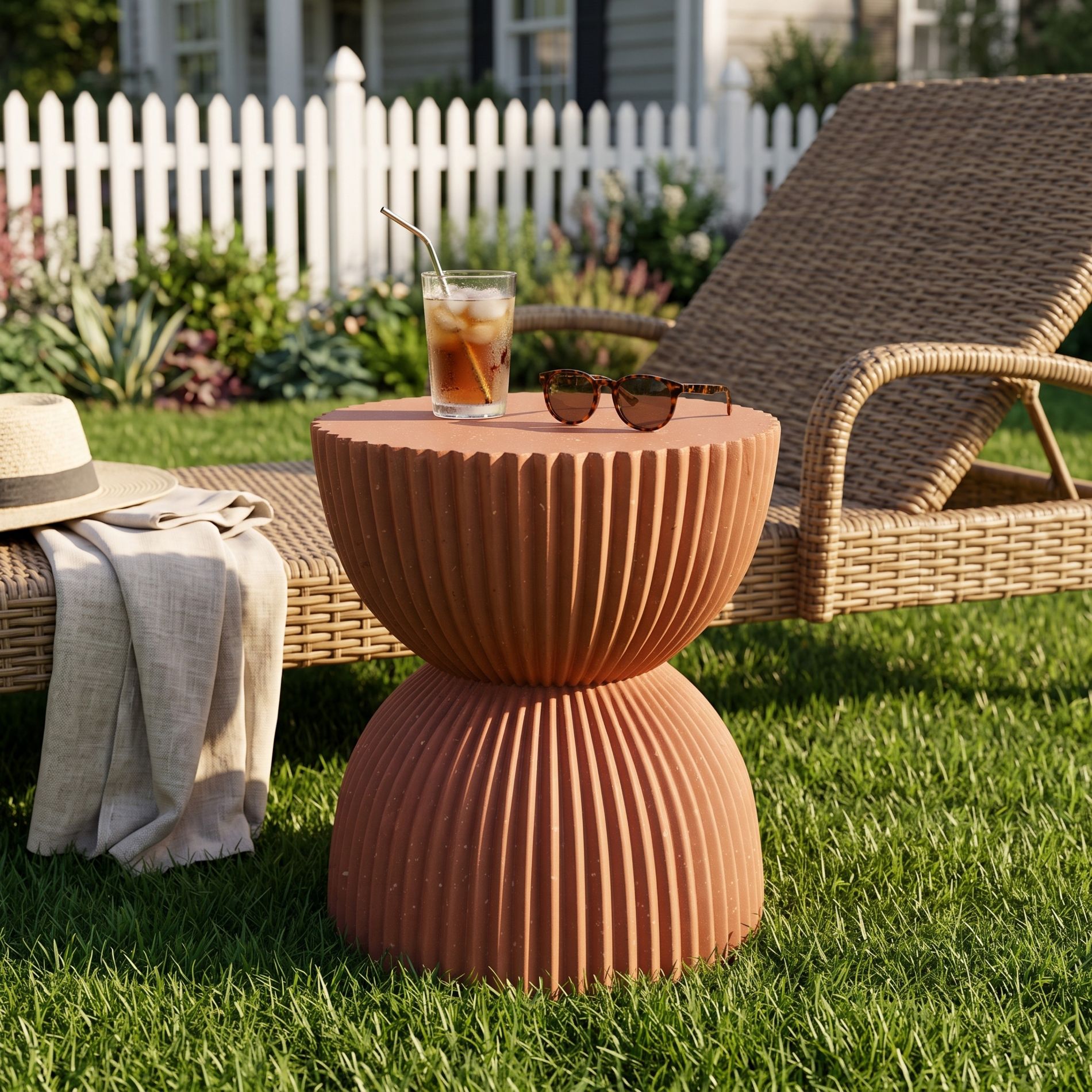 Hourglass Patio End Table Indoor&Outdoor Side Table Round Weather-Resistant Accent Table, No Assembly, Terracotta - ModernLuxe