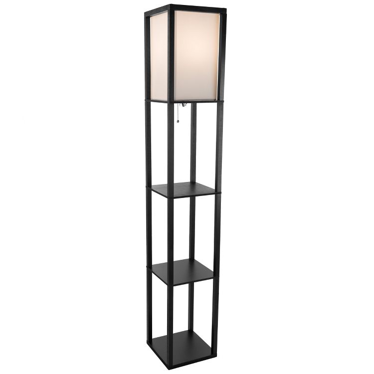 Tall black colored floor lamp with a rectangular white shade and three shelves.