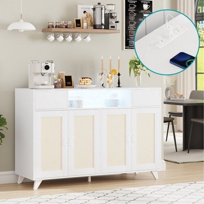 Sideboard Buffet Cabinet, 4 Rattan Doors 2 Drawers Accent Storage Cabinet, Console Table Coffee Bar w/Power Outlet & LED Light