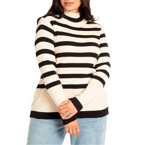 ELOQUII Women's Plus Size Striped Mock Neck Sweater - 1 of 4