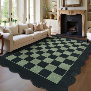 Scalloped Living Room Rug Washable Area Rug for Dining Room Bedroom Low Pile Neutral Area Rugs Modern Checkerboard Farmhouse Floor Cover - 1 of 4