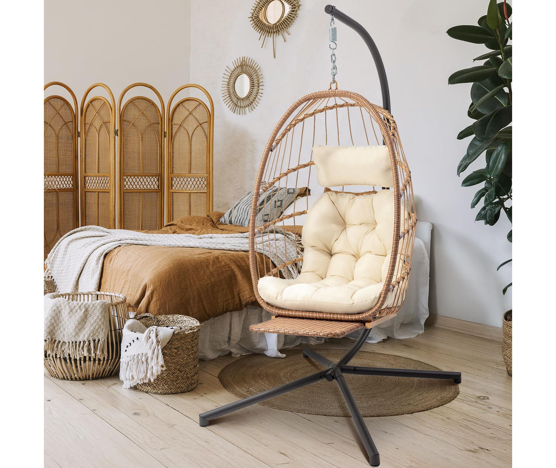 Brafab Swing Egg Chair with Stand and Footrest for Indoor Outdoor,Beige