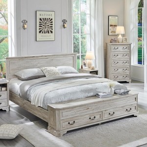 SinCiDo Farmhouse Queen Platform Bed w/Headboard & Storage Bench, Rustic Wood Bed Frame w/64" Storage Chest and 4 Drawers - 1 of 4