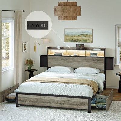 WOWLIVE Twin/Queen/Full/King Size Bed Frame with Storage Headboard, Platform Bed with Underbed Drawers & Charging Station