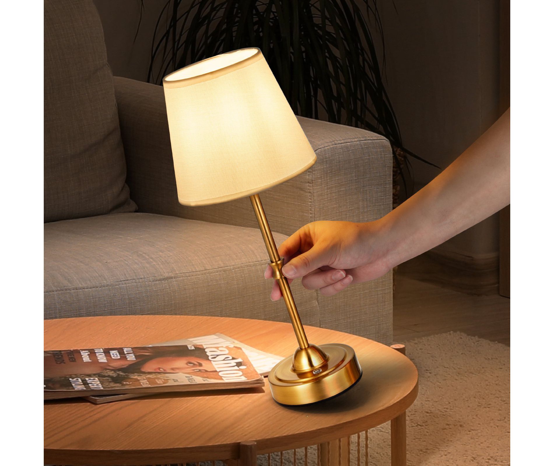 Cordless Table Lamp with Fabric Shade, 3-Level Warm Light, Gold