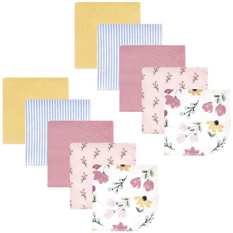 Hudson Baby Infant Girl Flannel Cotton Washcloths, Soft Painted Floral 10 Pack, One Size, 1 of 8
