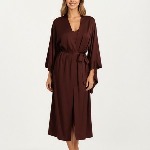 Anna-Kaci Lounge Women's Satin Mid-Length Robe with Waist Tie and Wide Sleeves - One Size Fits Most, Brown - 1 of 4