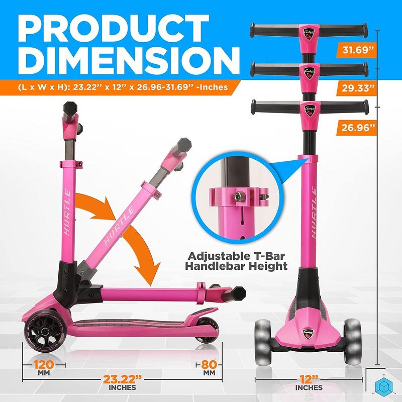 Hurtle 3 Wheeled Scooter for Kids - Foldable Stand Child Toddlers Toy Kick Scooters, Pink, 2 of 10