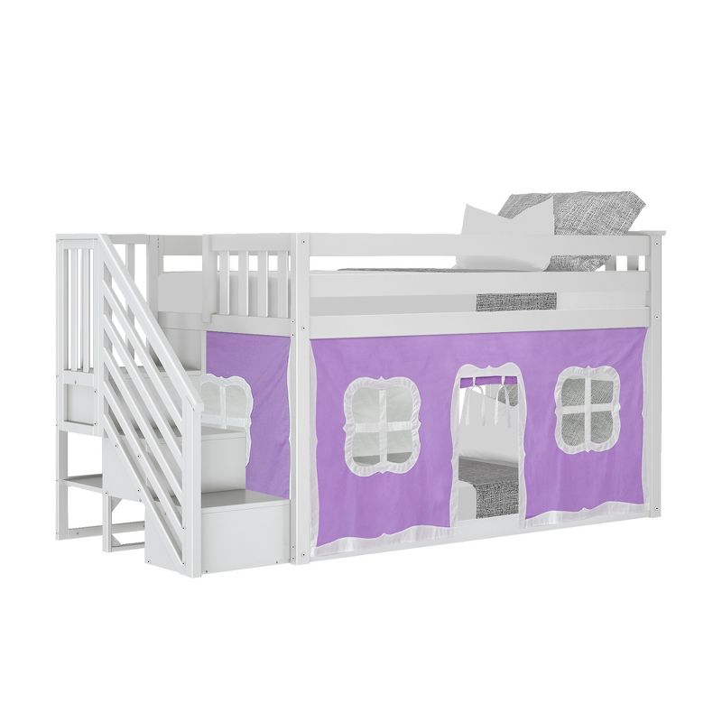 Max & Lily Twin Low Bunk Bed with Staircase and Curtains, 3 of 9