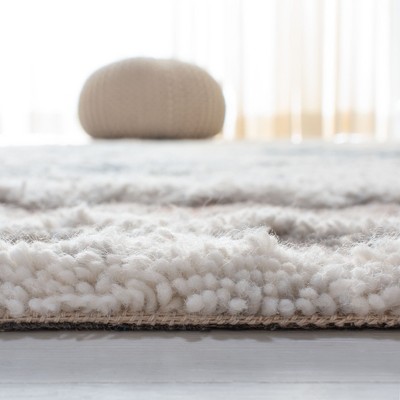 Beige and Navy Hand-Tufted Wool Moroccan Shag Runner Rug
