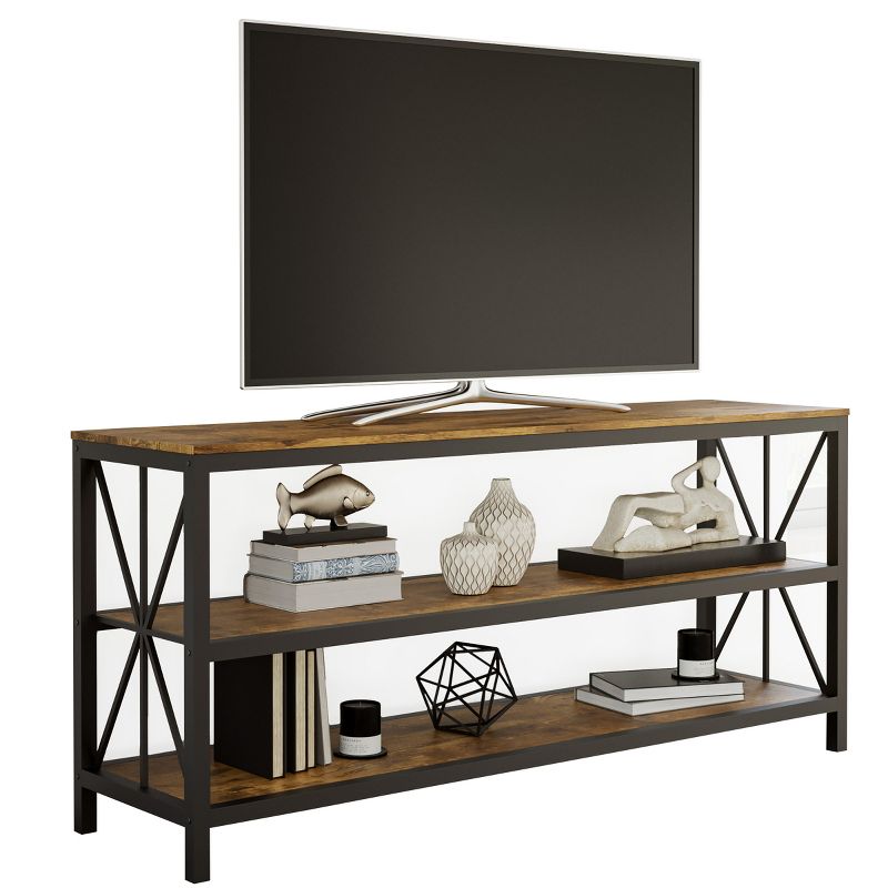Farmhouse TV Stand – 3-Tier Open Back Entertainment Center for 70-inch Television, Barnwood Media Console Shelves, and Metal Frame by Lavish Home, 1 of 9