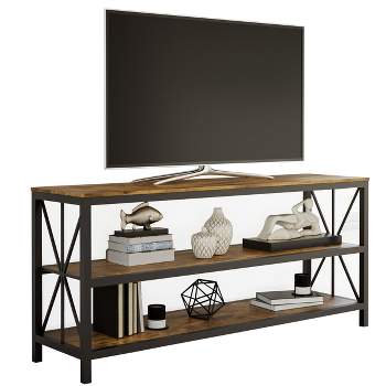 Farmhouse TV Stand – 3-Tier Open Back Entertainment Center for 70-inch Television, Barnwood Media Console Shelves, and Metal Frame by Lavish Home