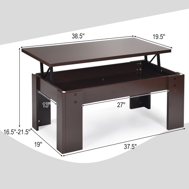 Costway Lift Top Coffee Table Pop-UP Cocktail Table w/Hidden Compartment & Shelf White\ Brown, 3 of 11