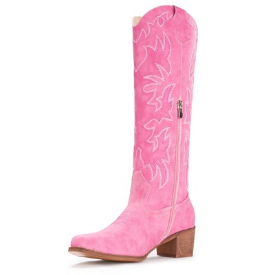 Cowboy Boots For Women Knee High Western Cowgirl Boots Snip Toe Side Zipper Chunky Heel Pink