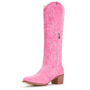 Cowboy Boots For Women Knee High Western Cowgirl Boots Snip Toe Side Zipper Chunky Heel Pink - 1 of 4