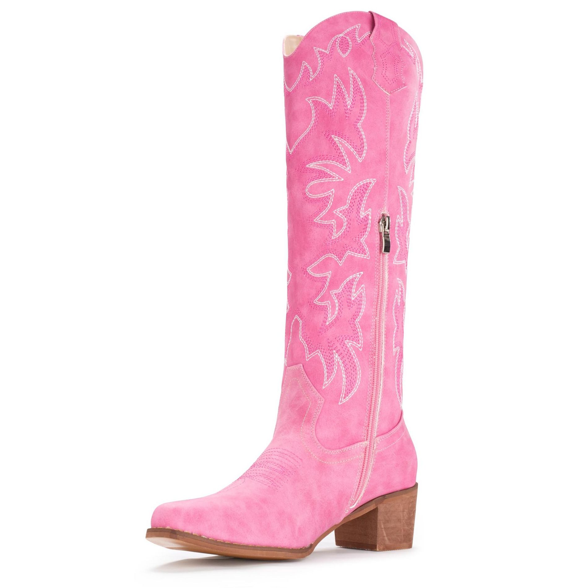 Cowboy Boots For Women Knee High Western Cowgirl Boots Snip Toe Side Zipper Chunky Heel Pink