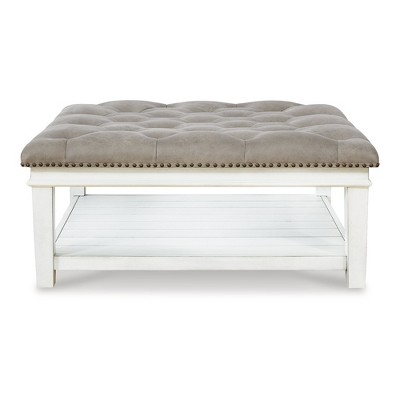Whitewash Square Tufted Cocktail Ottoman with Lower Shelf