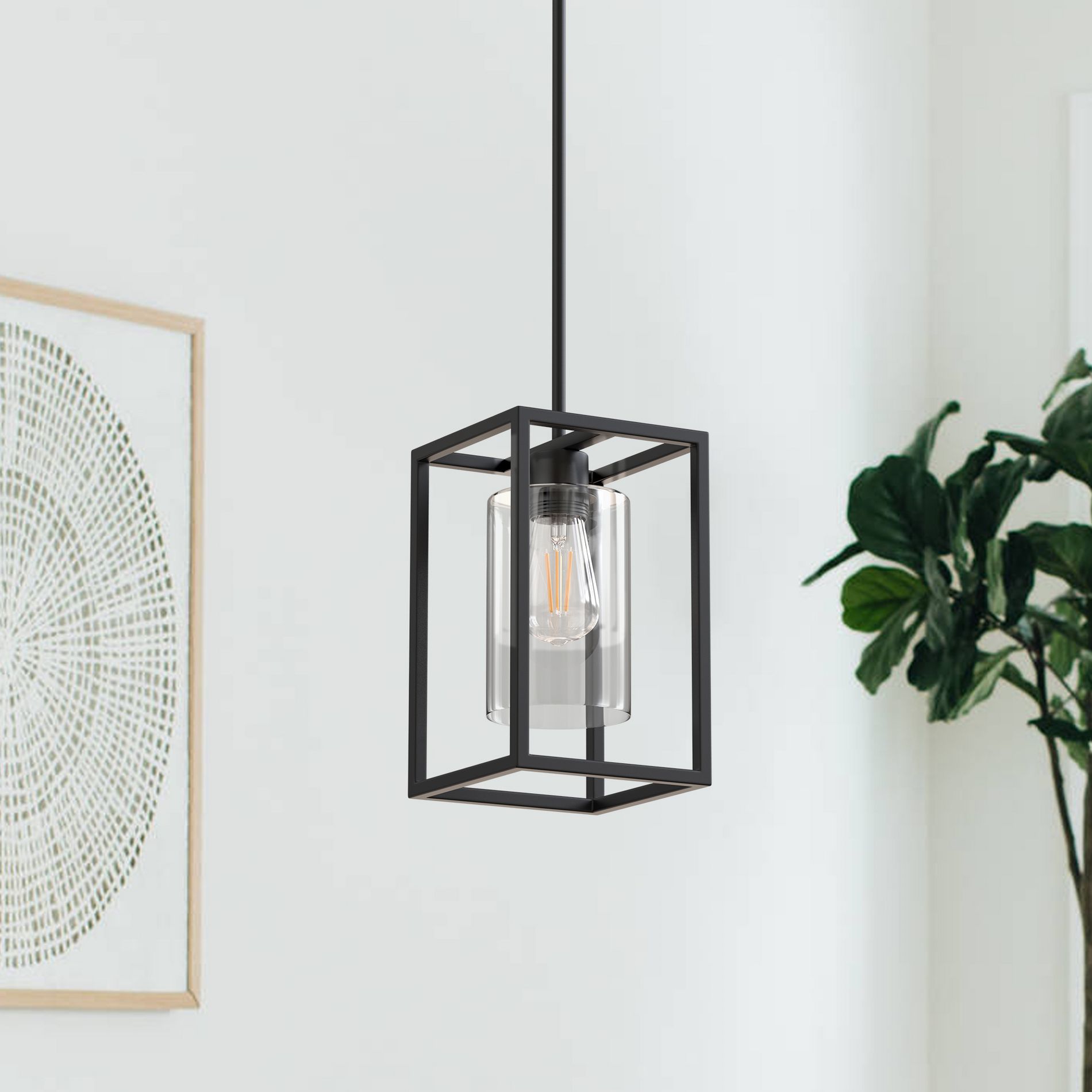 DORESshop 7 in. 1-Light Rectangle Black Pendant Light with Clear Glass Shade for Kitchen Island, E26 Bulbs Included (3-pack)