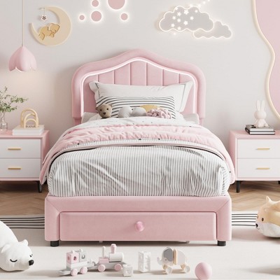 Coucheta Upholstered Bed Frame with LED Lights, Storage Drawer & Headboard,Velvet Platform for Kids, No Box Spring Needed