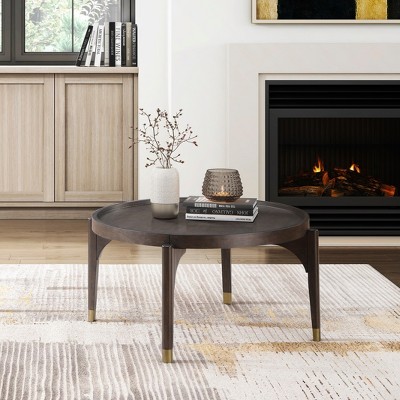 Dark Brown Finish Cocktail Table Solid Wood Legs with Metallic Gold Tip Classic Luxury Living Room Furniture 1pc Round Coffee Table