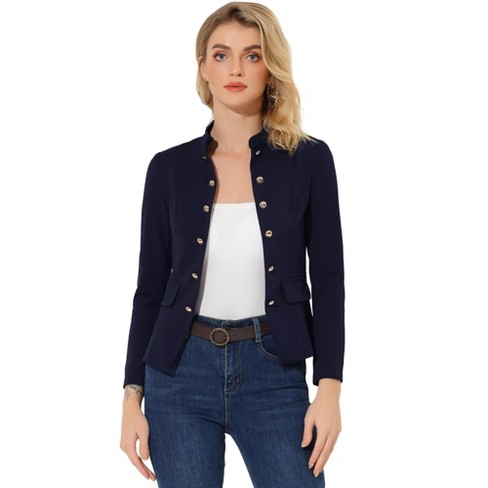 Allegra K Women's Casual Stand Collar Open Front Long Sleeve Button Decor  Jacket Navy Blue Small