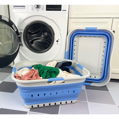 Grey and Crystal Blue Collapsible Plastic Laundry Basket with Handles