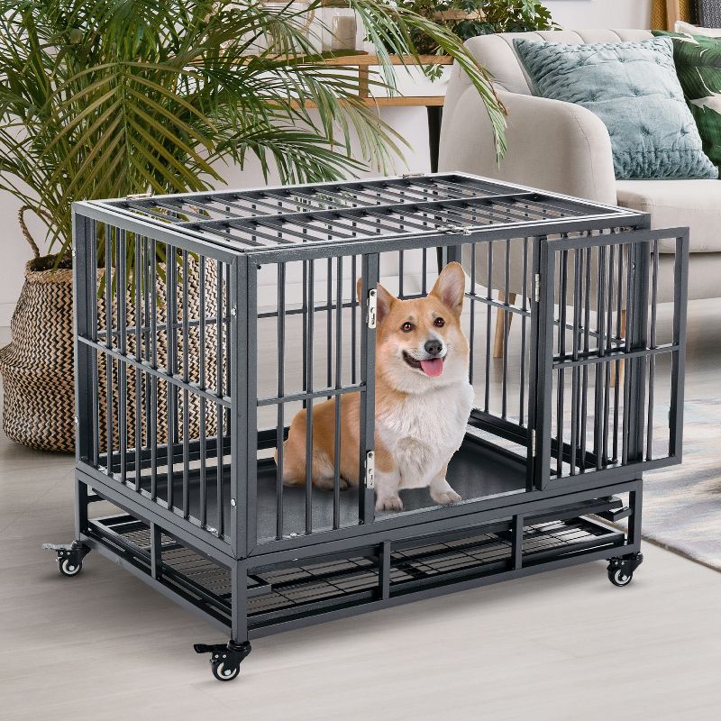 PawHut Heavy Duty Dog Crate Dog cage Kennel with Lockable Wheels, Double Door and Removable Tray, Grey, 4 of 9