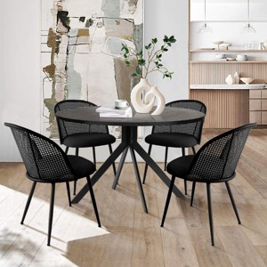 5-Piece Black Round Dining Set, 43'' Dining Table with 4 Rattan Back Upholstered Chairs, Modern Kitchen & Dining Room Furniture- Maison Boucle - 1 of 4