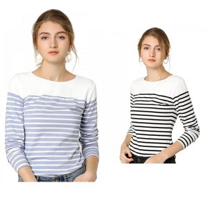 Allegra K Women's Color Block Round Neck Long Sleeves Striped Basic T-Shirt 2 Packs - 1 of 4
