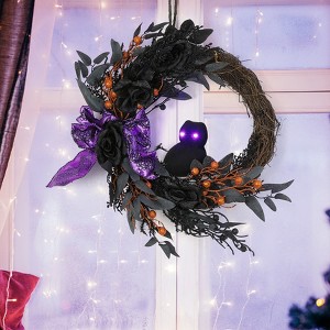 20 In Halloween Wreath for Front Door, Artificial Halloween Wreaths with with Owl Ribbon Black Rose Berries for Indoor Outdoor Home Decor - 1 of 4