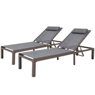 2pc Outdoor Adjustable Chaise Lounge Chairs with Wheels - Black/Gray - Crestlive Products