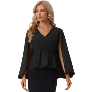 Allegra K Women's Cloak Sleeve Elegant V Neck Tie Waist Faux Wrap Peplum Tops - 1 of 4