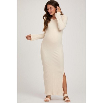 PinkBlush Cream Ribbed Side Slit Maternity Maxi Dress