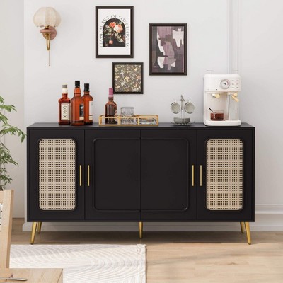 ORRD 59.84" Black Vintage Cabinet, 4-Door Storage with Plastic Rattan