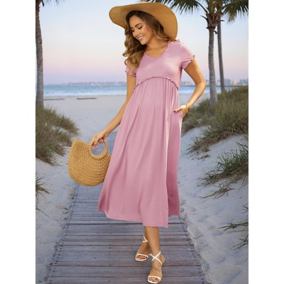 Женские платья INSPIRE CHIC Women's Maternity Midi Dress Short Sleeve Ruffled Flowy Casual Pregnancy Dress 2026 Summer Small Pink — фото 2