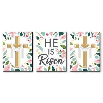 Big Dot of Happiness Religious Easter - Cross Wall Art and He is Risen Room Decor - 7.5 x 10 inches - Set of 3 Prints